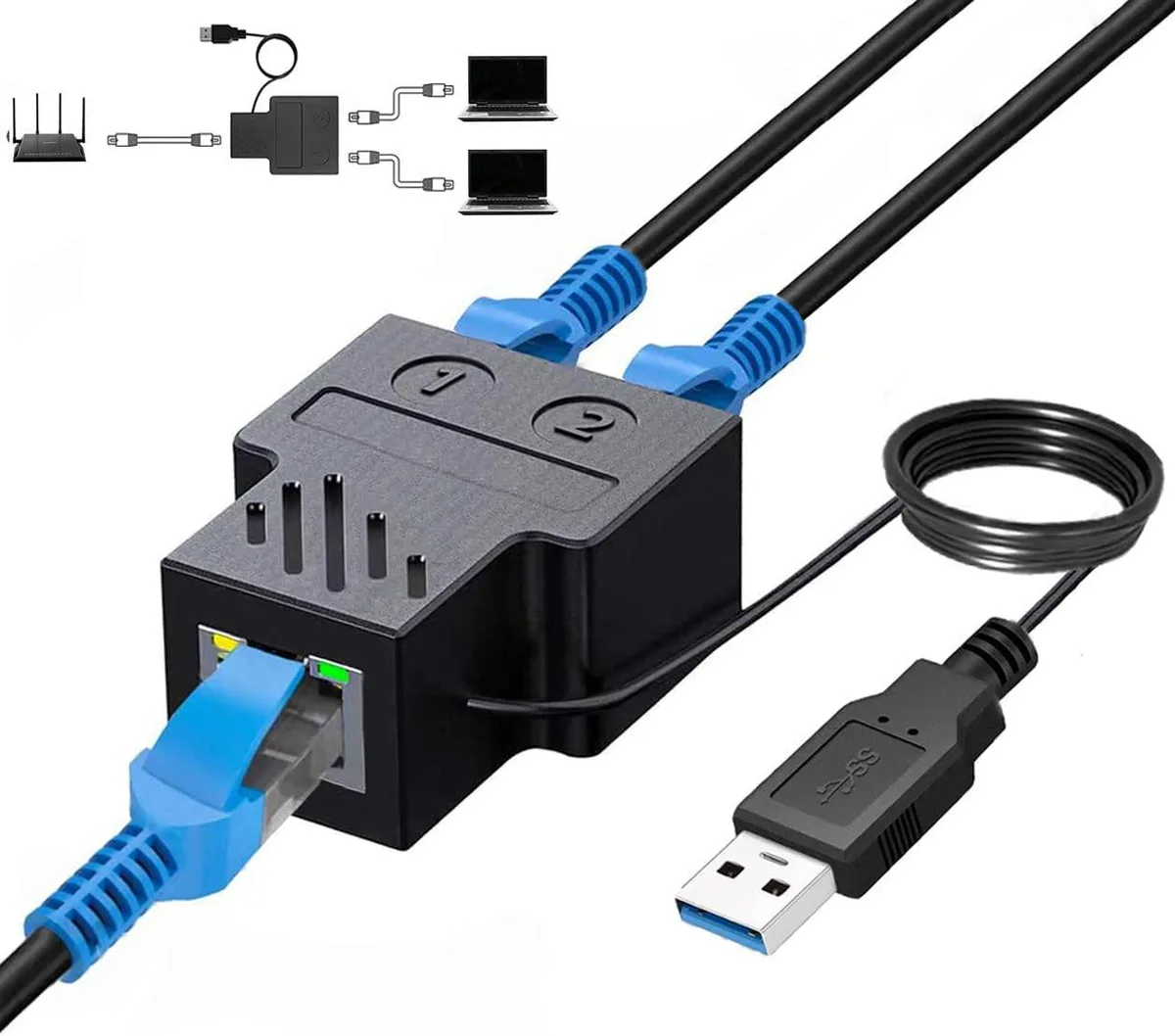 ESTONE ESTONE RJ45 1 to 2 Network Splitter Adapter 0.8m USB 3.3V — product photo
