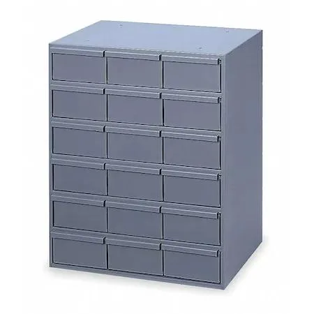Gray steel cabinet with 18 drawers and metal pulls