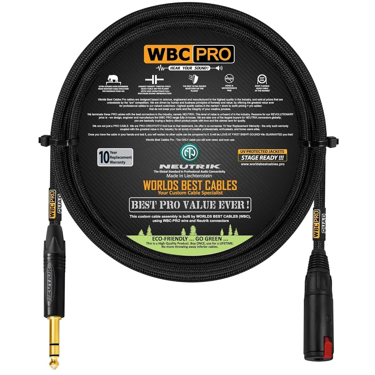 Black tweed jacketed star-quad cable with 6.35mm Neutrik male TRS plug to locking female TRS jack