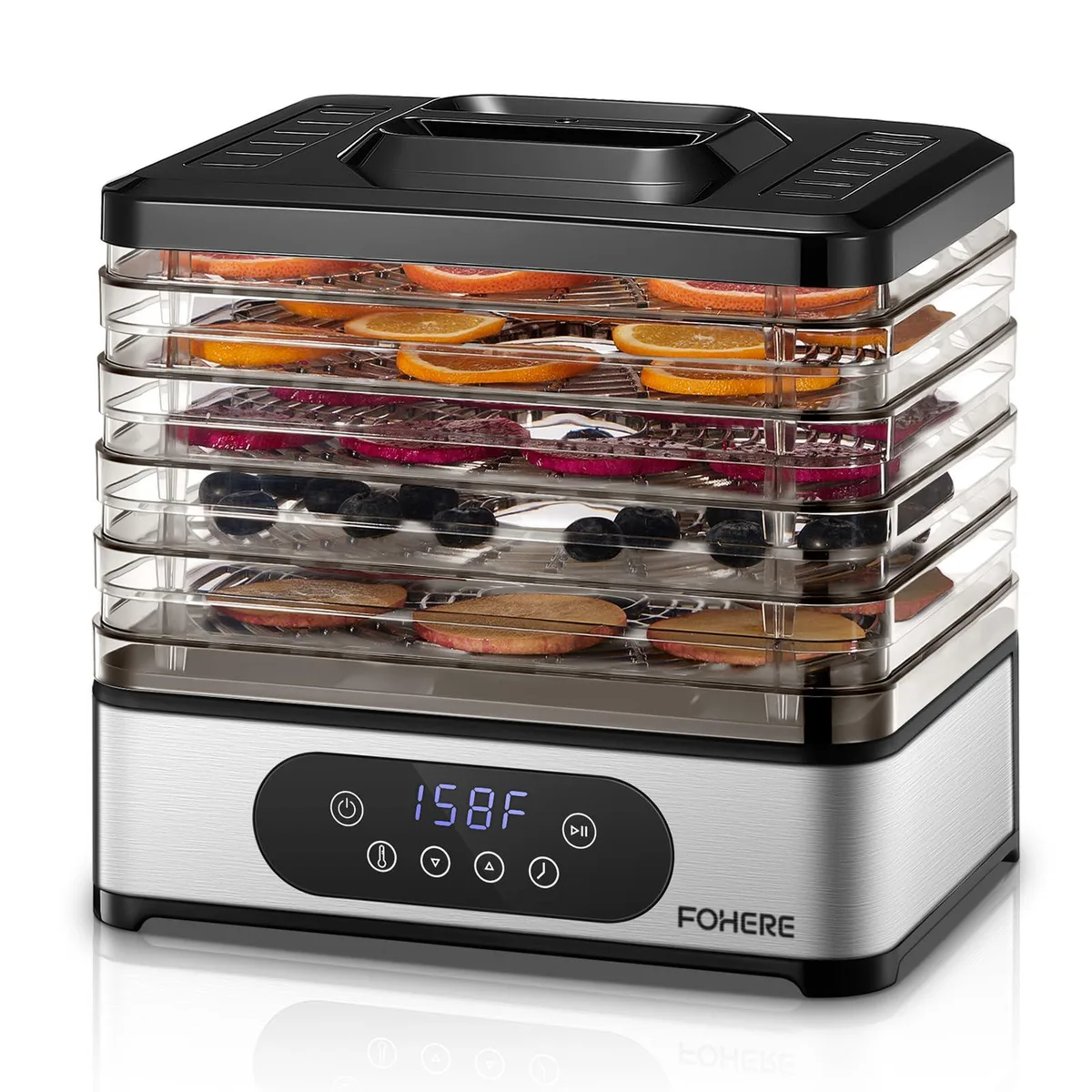 White rectangular food dehydrator with five stackable trays and digital control panel