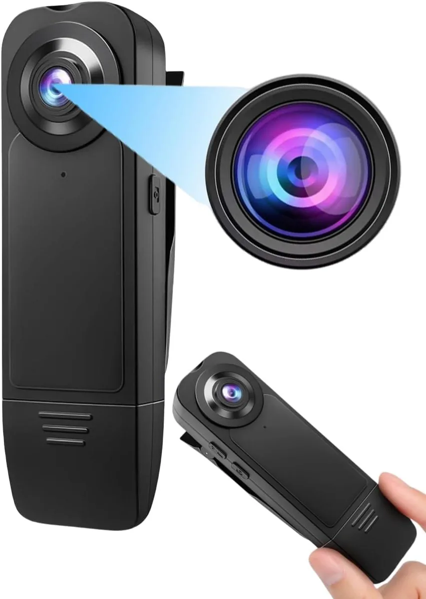 Small rectangular body camera with clip mount, matte dark finish