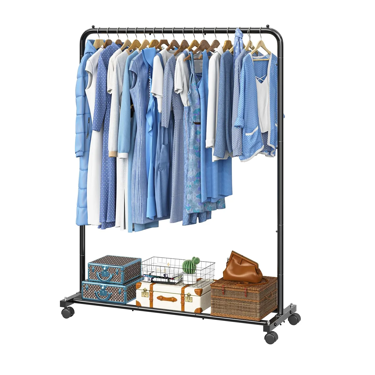 Black metal garment rack with bottom shelf and four lockable swivel wheels