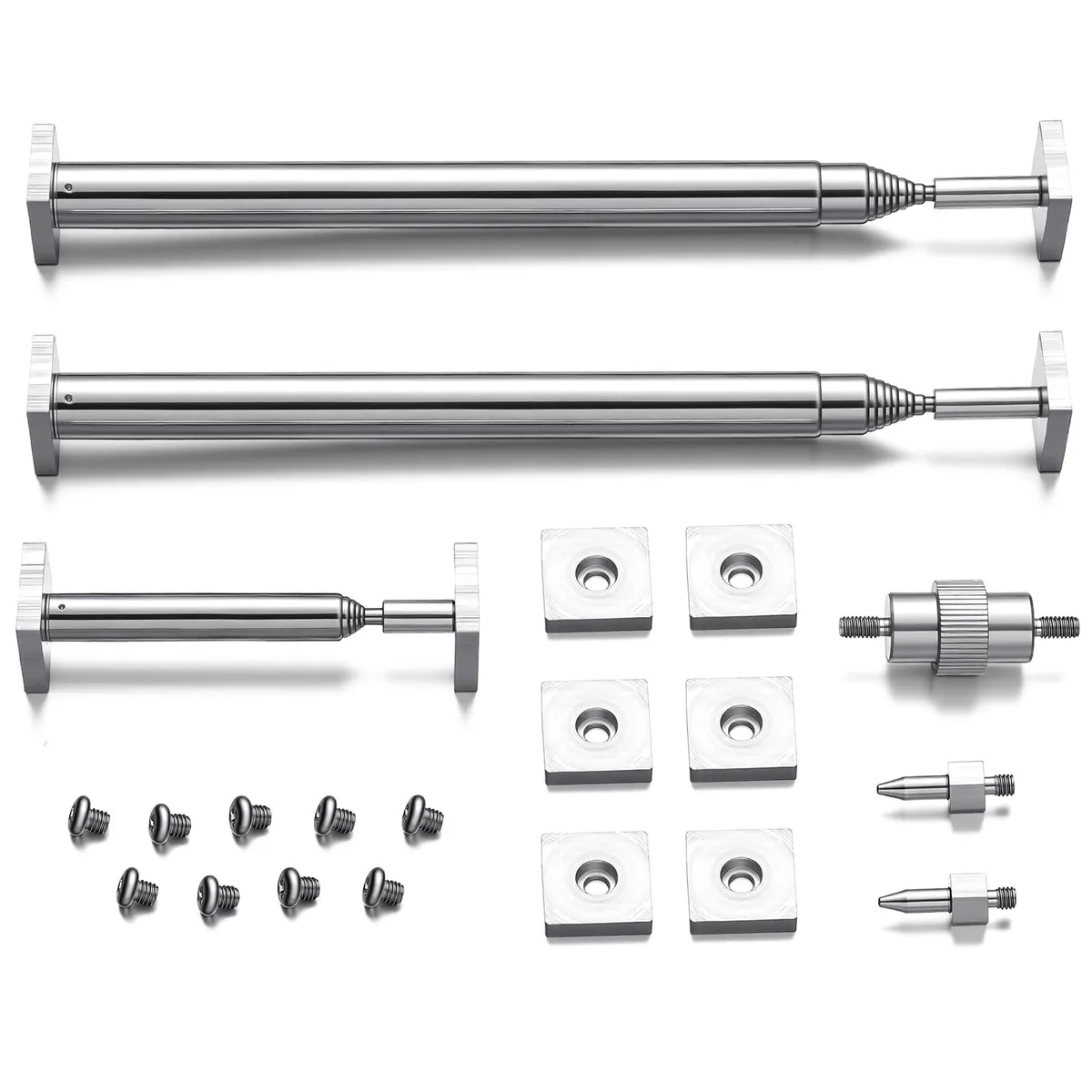 Three stainless steel measuring rods, silver finish, extendable to 47 and 84 inches with mini ruler