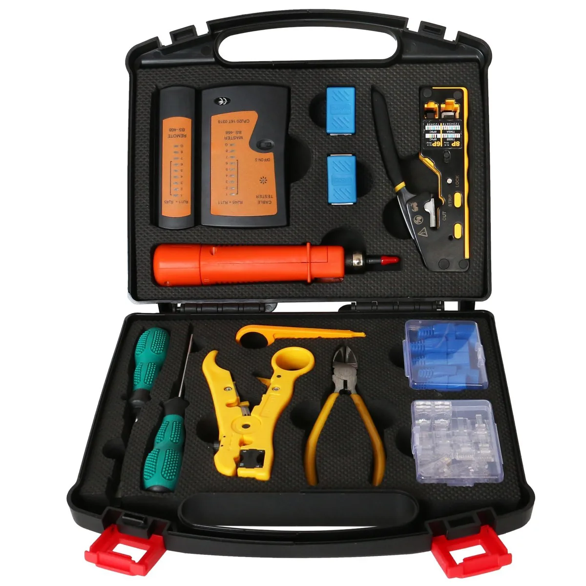 Red Klein Tools 12-in-1 network kit in a portable case with crimper tester punch-down tool stripper cutter connectors boots