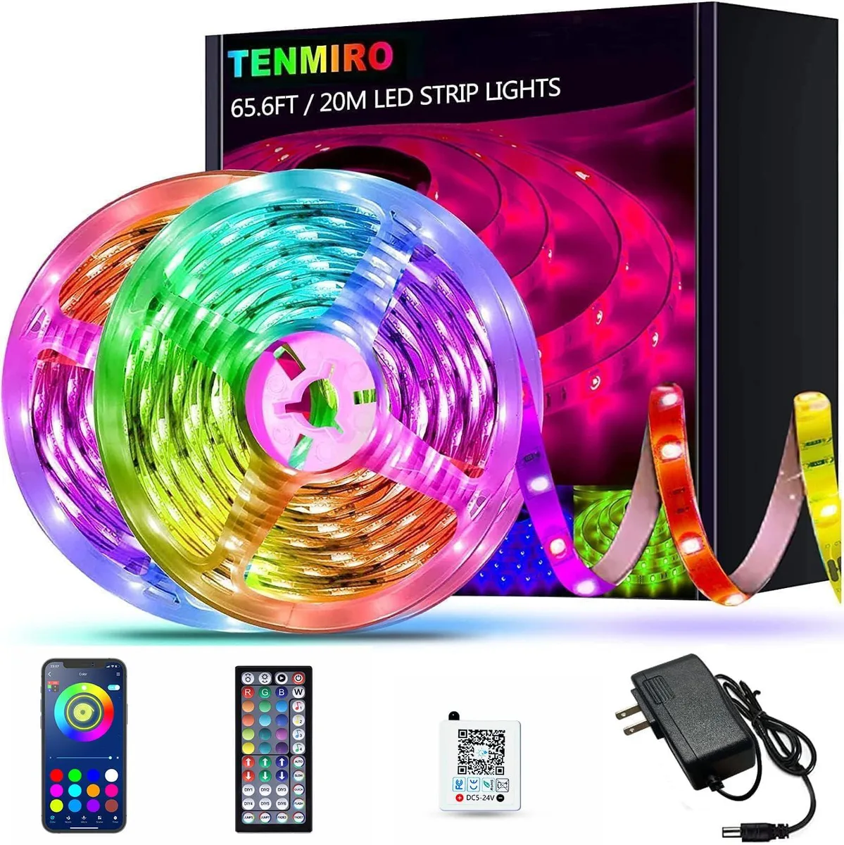 A 65.6ft copper-finish rectangular LED strip light kit with a 44-key remote control