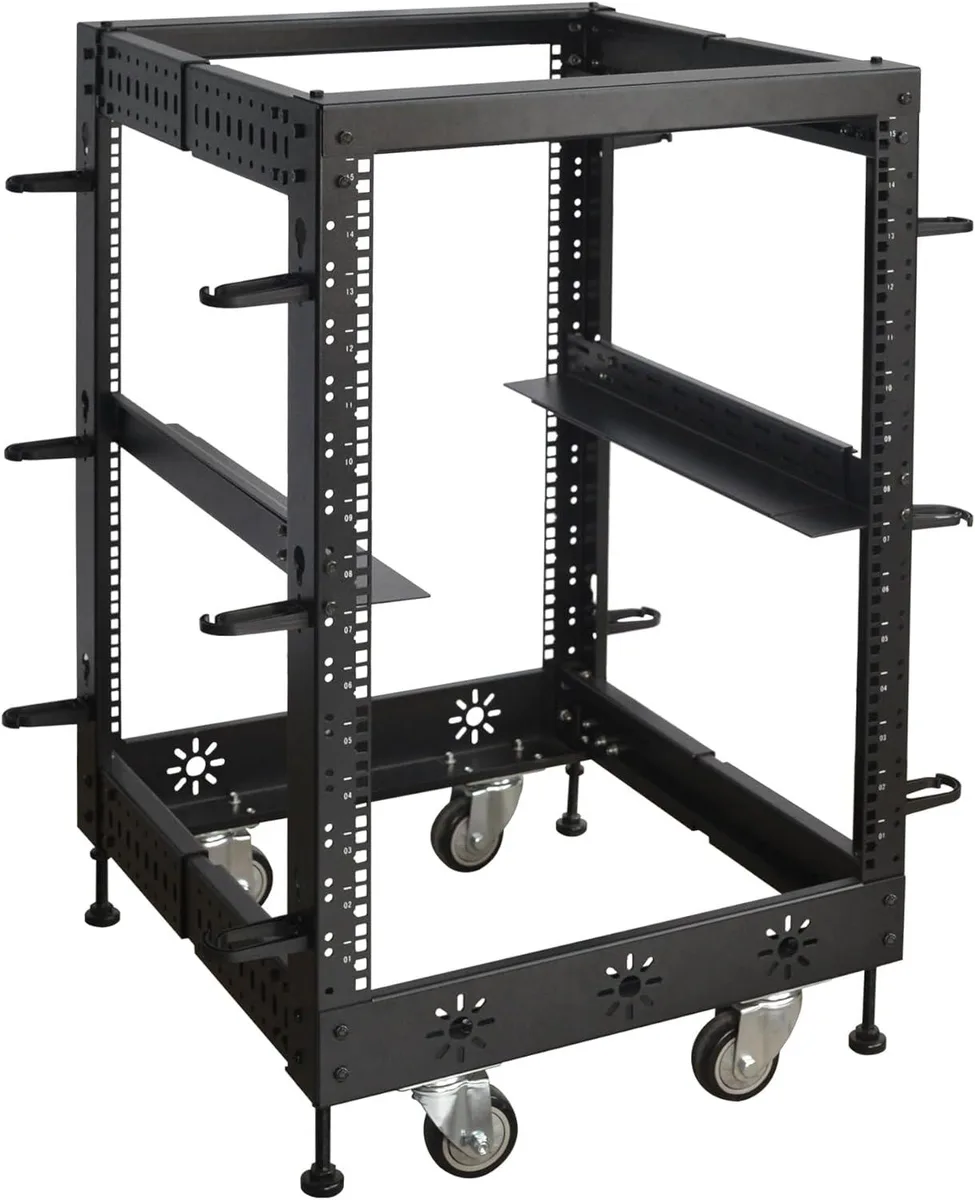 Black 15U 19-inch open frame server rack on casters with leveling feet