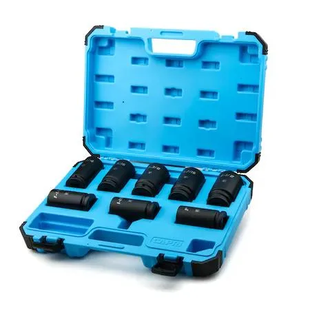 Eight deep impact sockets in black impact-resistant case
