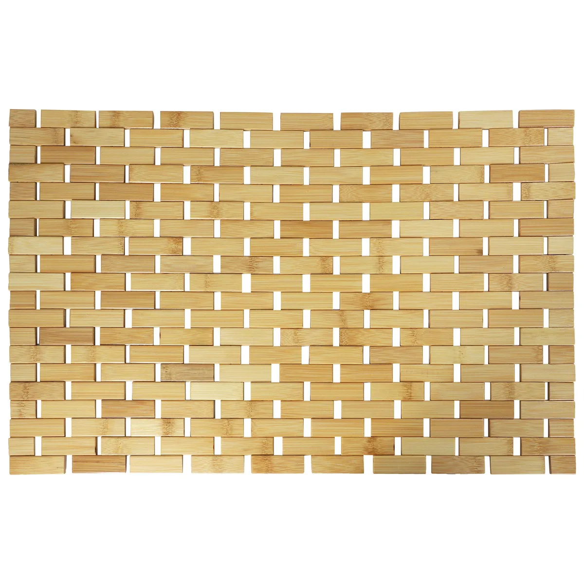 Light brown rectangular bamboo bath mat with slatted surface and non-slip backing