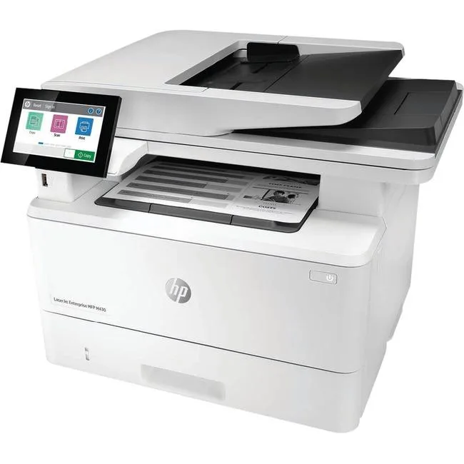 White boxy office laser printer with flat scanner lid and control panel