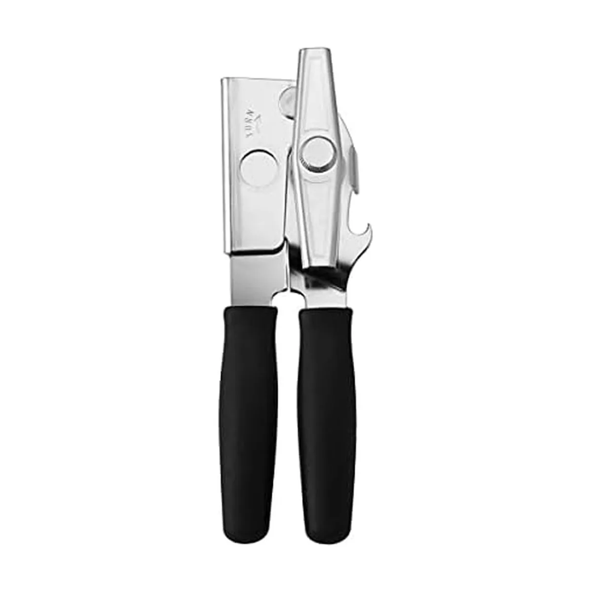 Black manual can opener with soft-grip handles and built-in bottle opener
