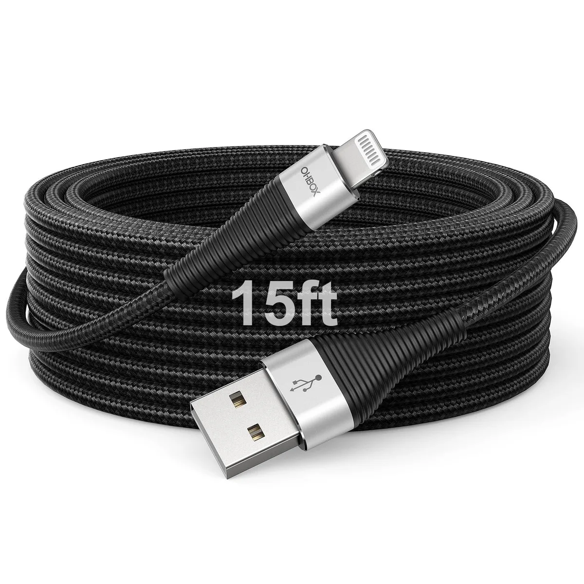  ohbox 15 ft USB-A to Lightning Cable Braided Black MFi 2.4 A 480 Mbps — product photo