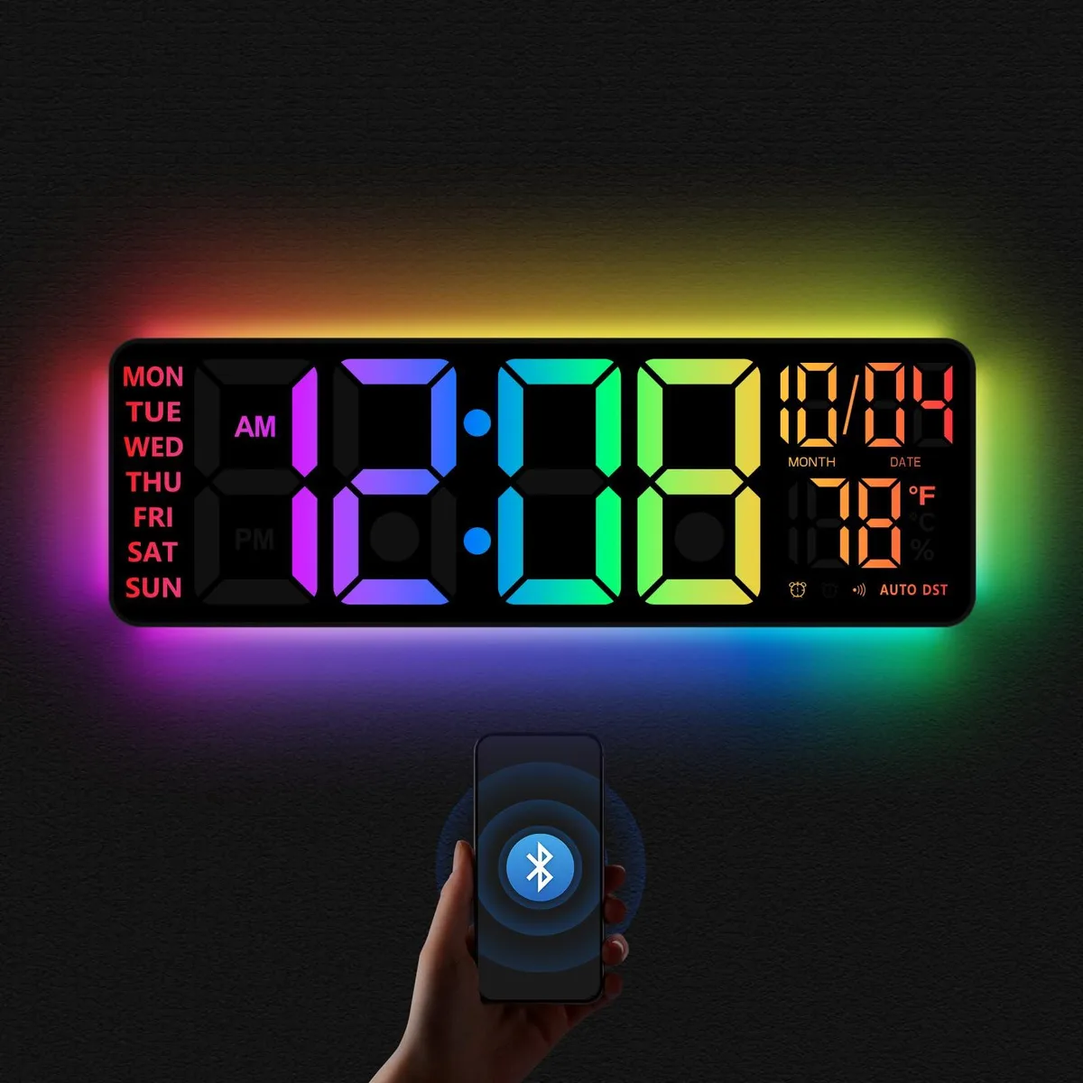 Black rectangular 16 inch digital wall clock with LED display and remote control
