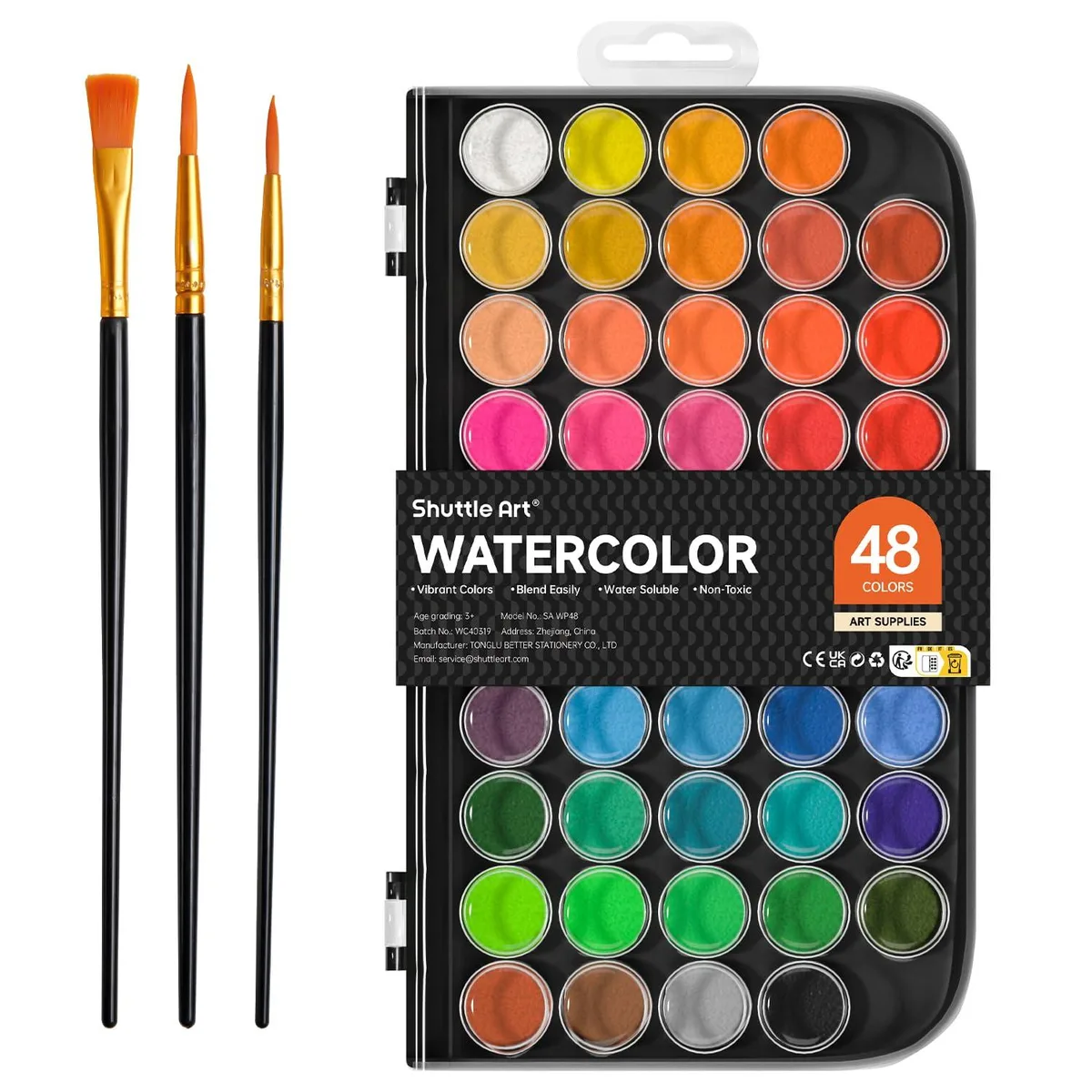  Shuttle Art SA WP48 Watercolor Paint Set 48 Colors with 3 Brushes — product photo