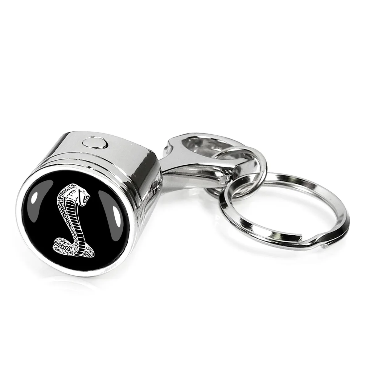 Chrome metal piston and connecting rod key chain with domed logo