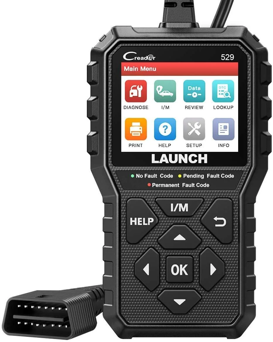 Handheld black OBD2 scanner with colour screen and cable, 4.5 by 26 by 31.1 centimetres