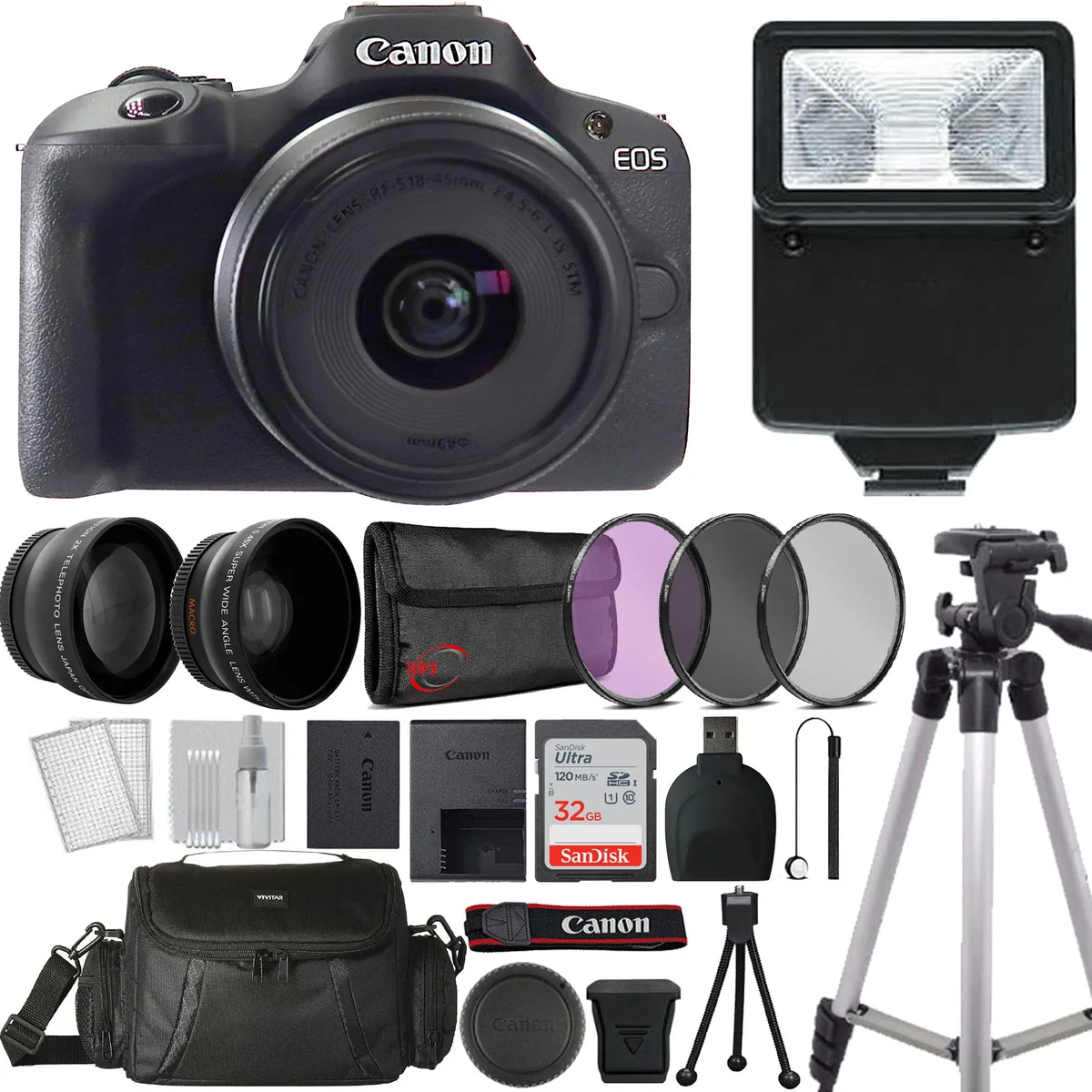Canon Canon EOS R100 24.2MP compact mirrorless camera with RF-S 18-45mm lens and accessory kit — product photo