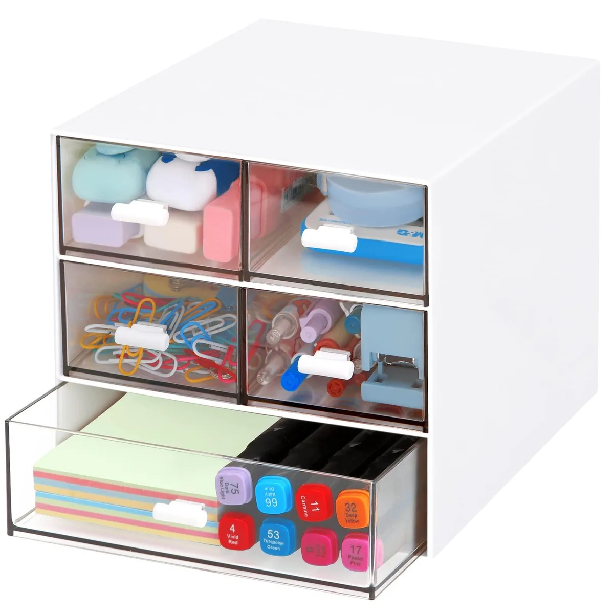 White rectangular desktop organiser with five transparent drawers and silicone handles