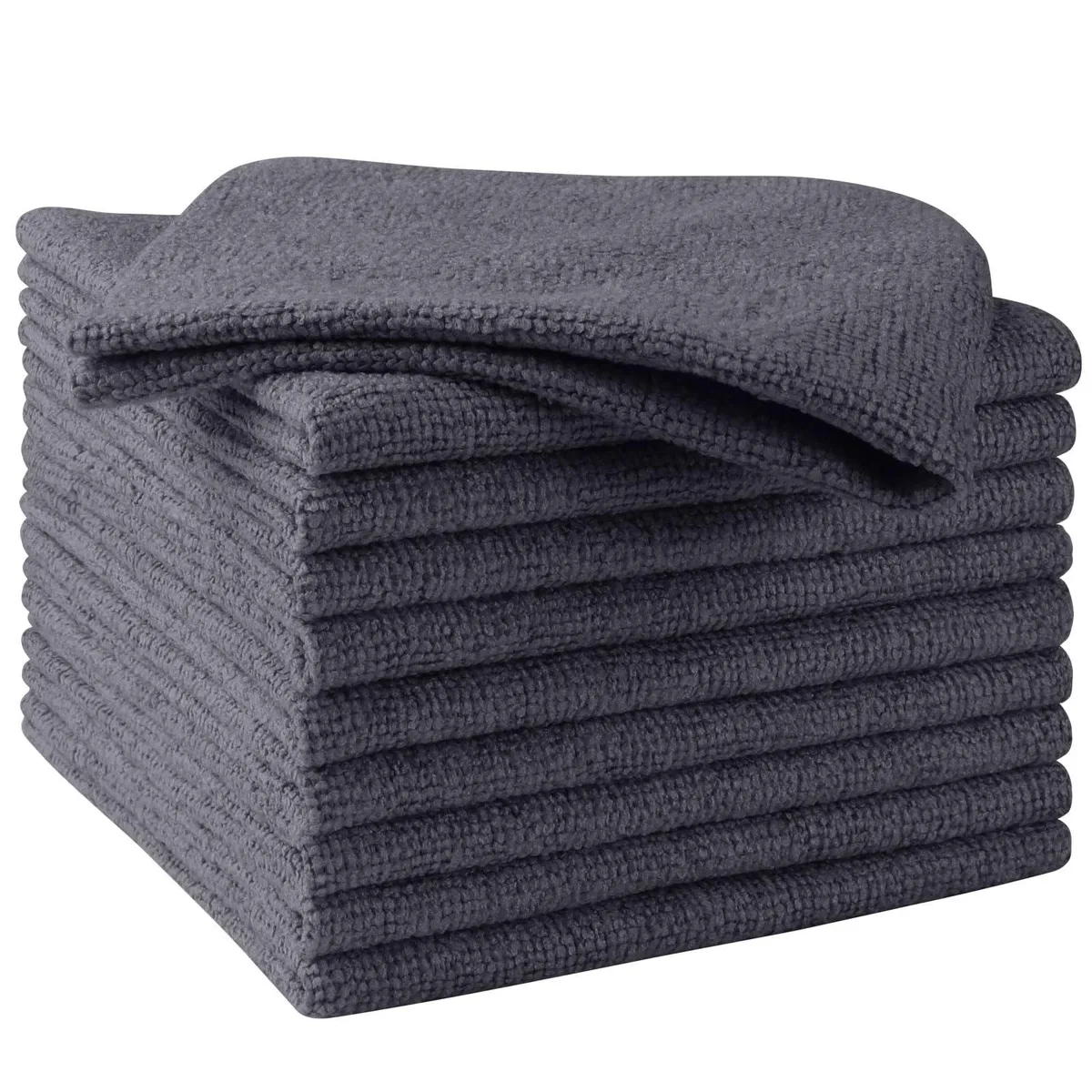 Pack of ten grey square microfiber cloths, 11.5 inches each, edgeless finish
