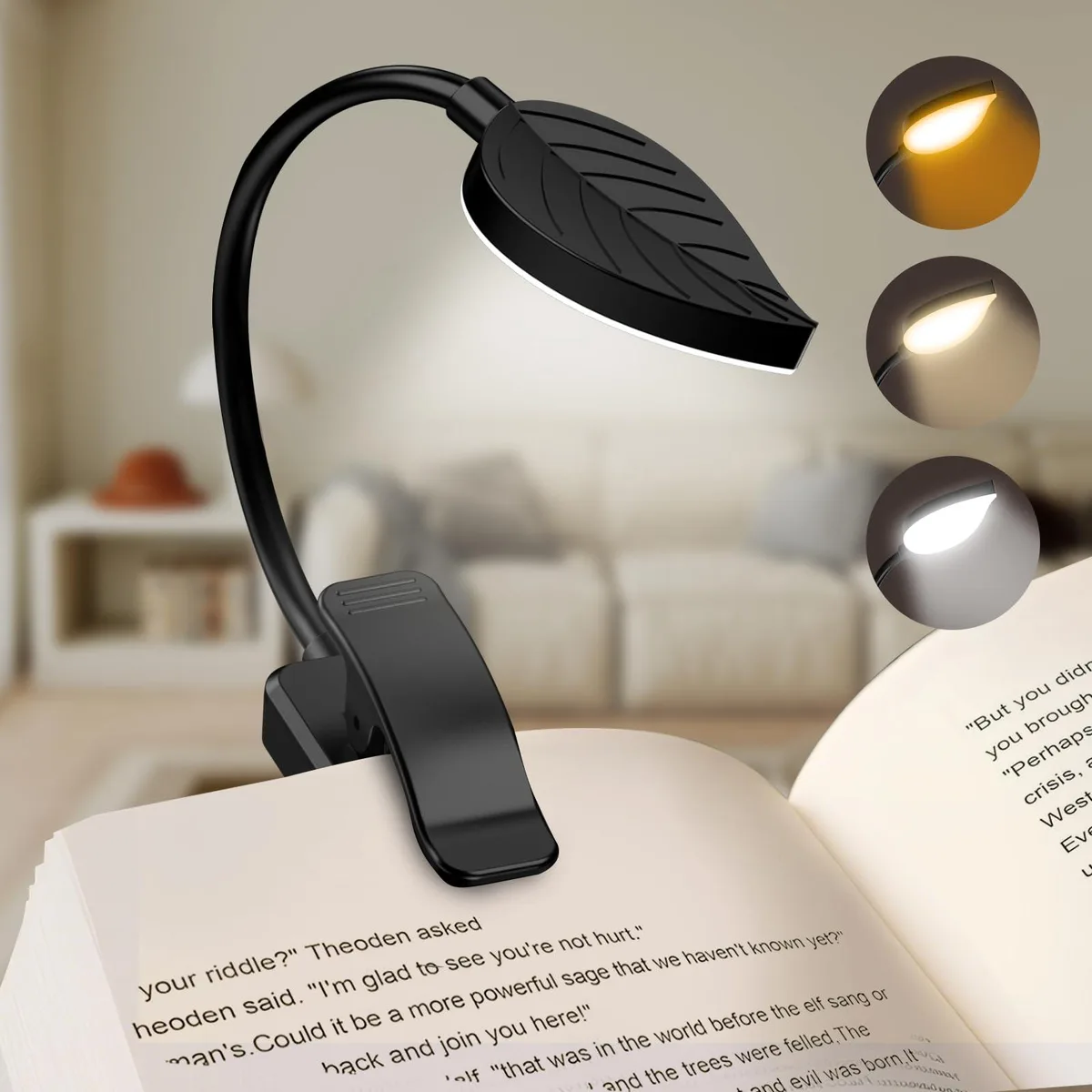 Black rechargeable book light with flexible gooseneck and clip base