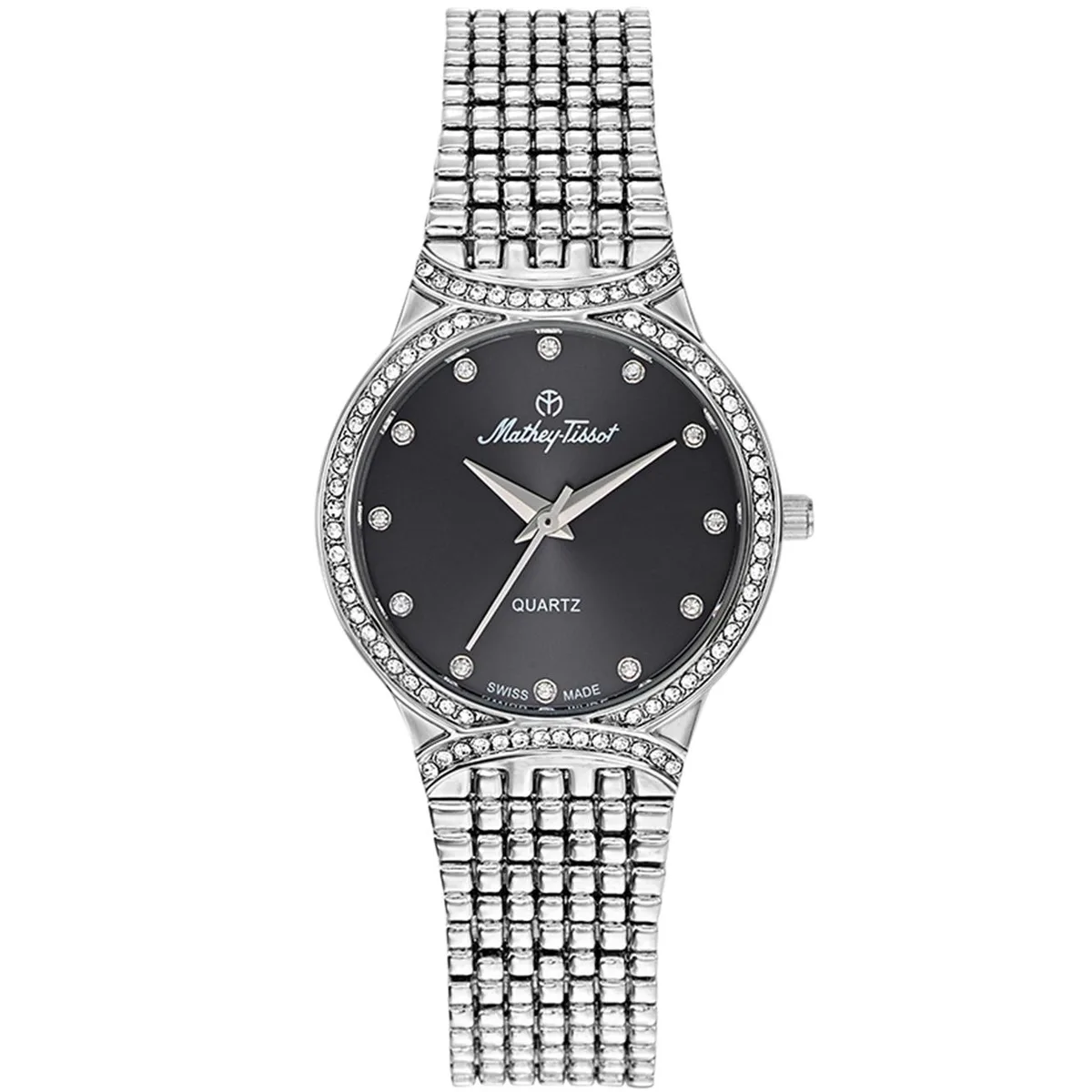 Stainless steel watch with black dial and metal bracelet