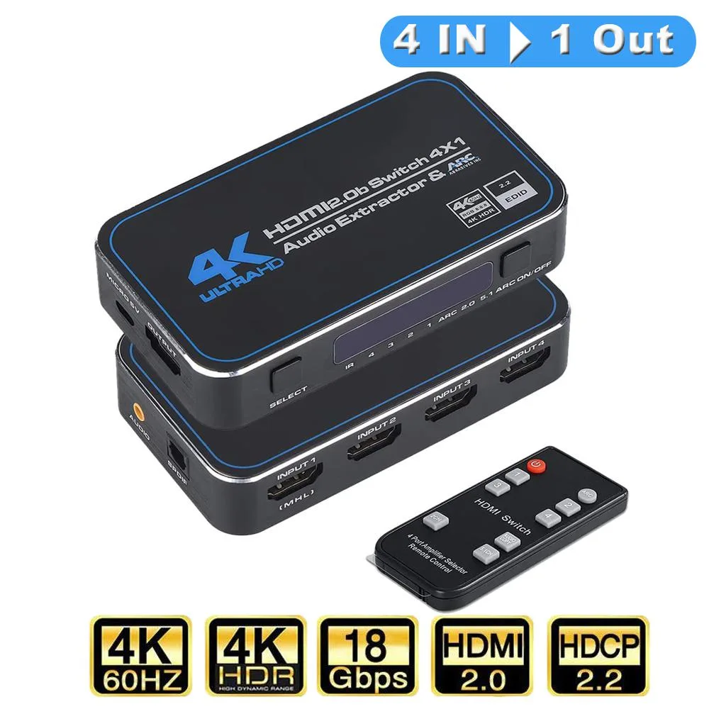 Black rectangular HDMI switch box with four input ports and one output plus optical and 3.5mm audio outputs