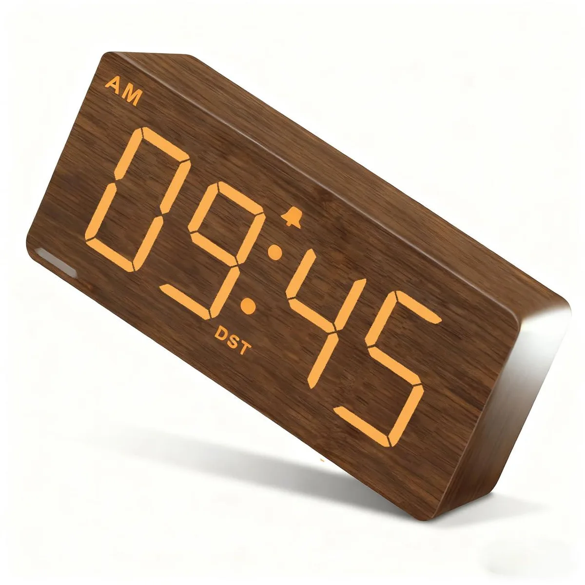 Brown wooden digital alarm clock with large 1.8 inch digits