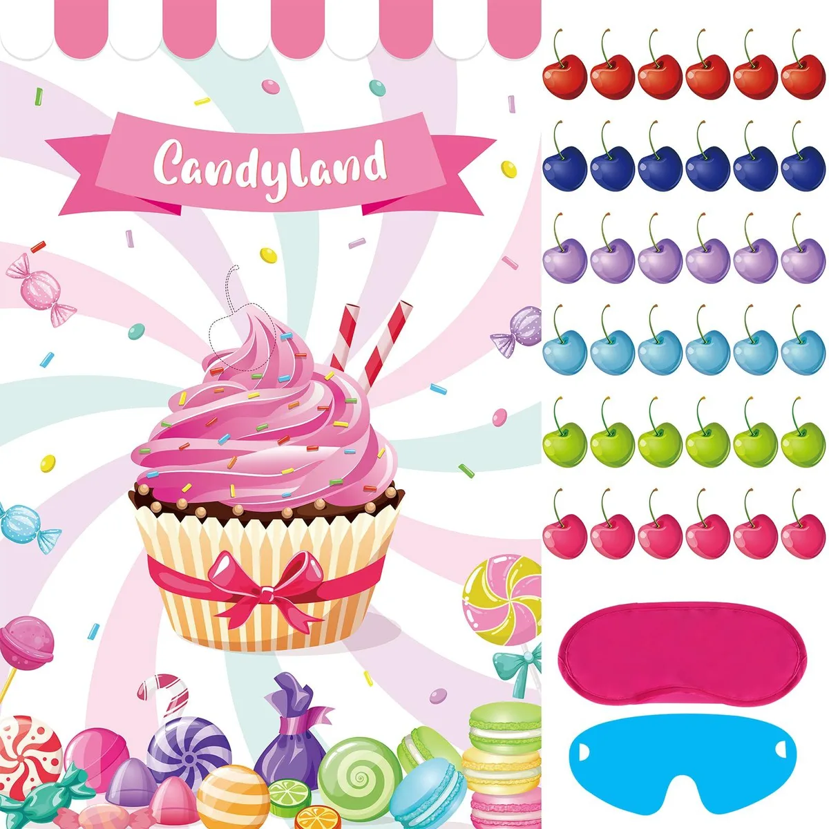 Large glossy cupcake poster 29 by 19 inches with 36 cherry stickers and blindfolds