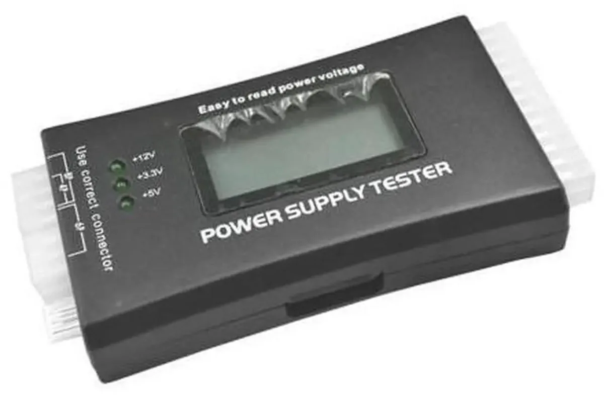 Compact handheld ATX PSU tester with LCD screen showing 12V, 5V, 3.3V and PG signal for 20 and 24 pin connectors