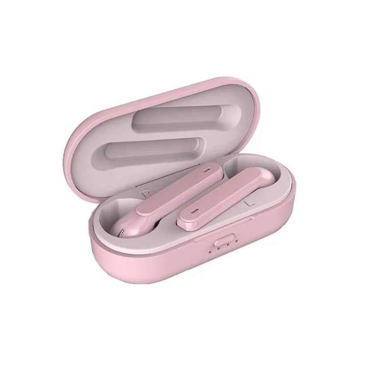Pair of pink true-wireless earbuds in charging case