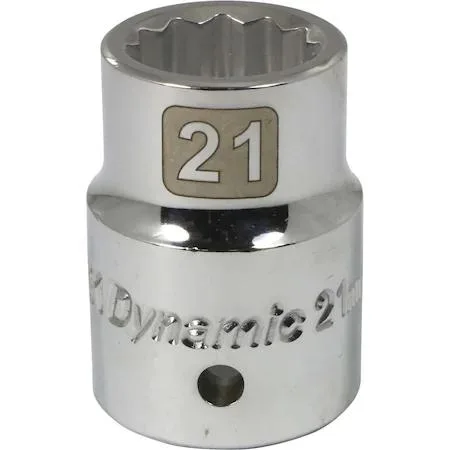 Chrome 3/4-inch drive 21mm 12-point socket with knurled ring and laser-etched markings