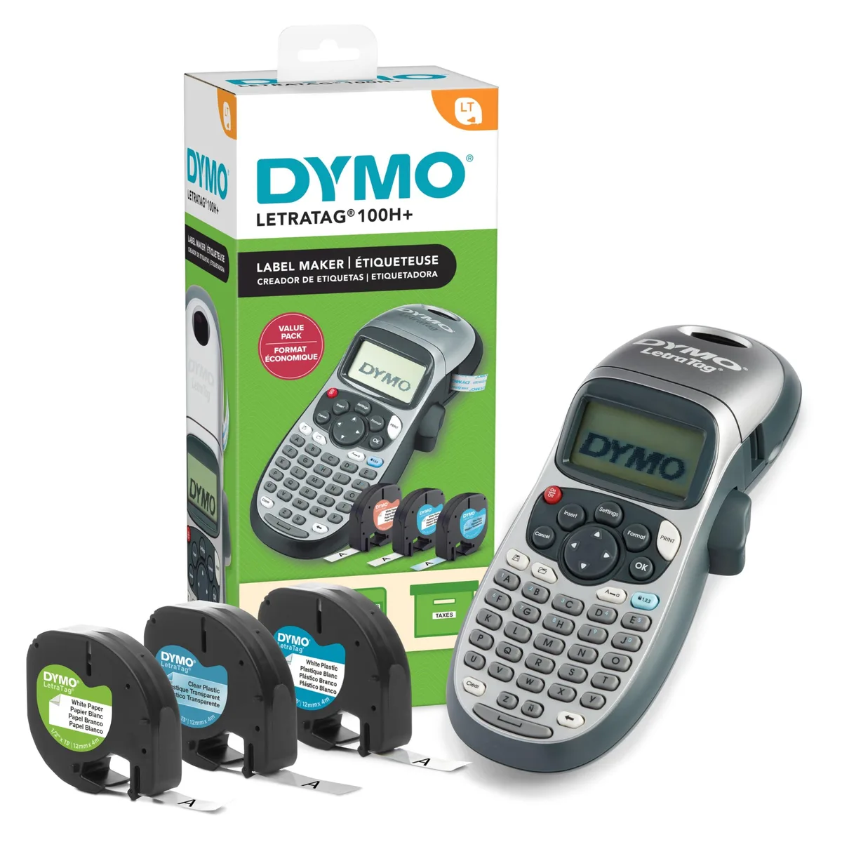 Compact silver handheld label maker with three tape cassettes included