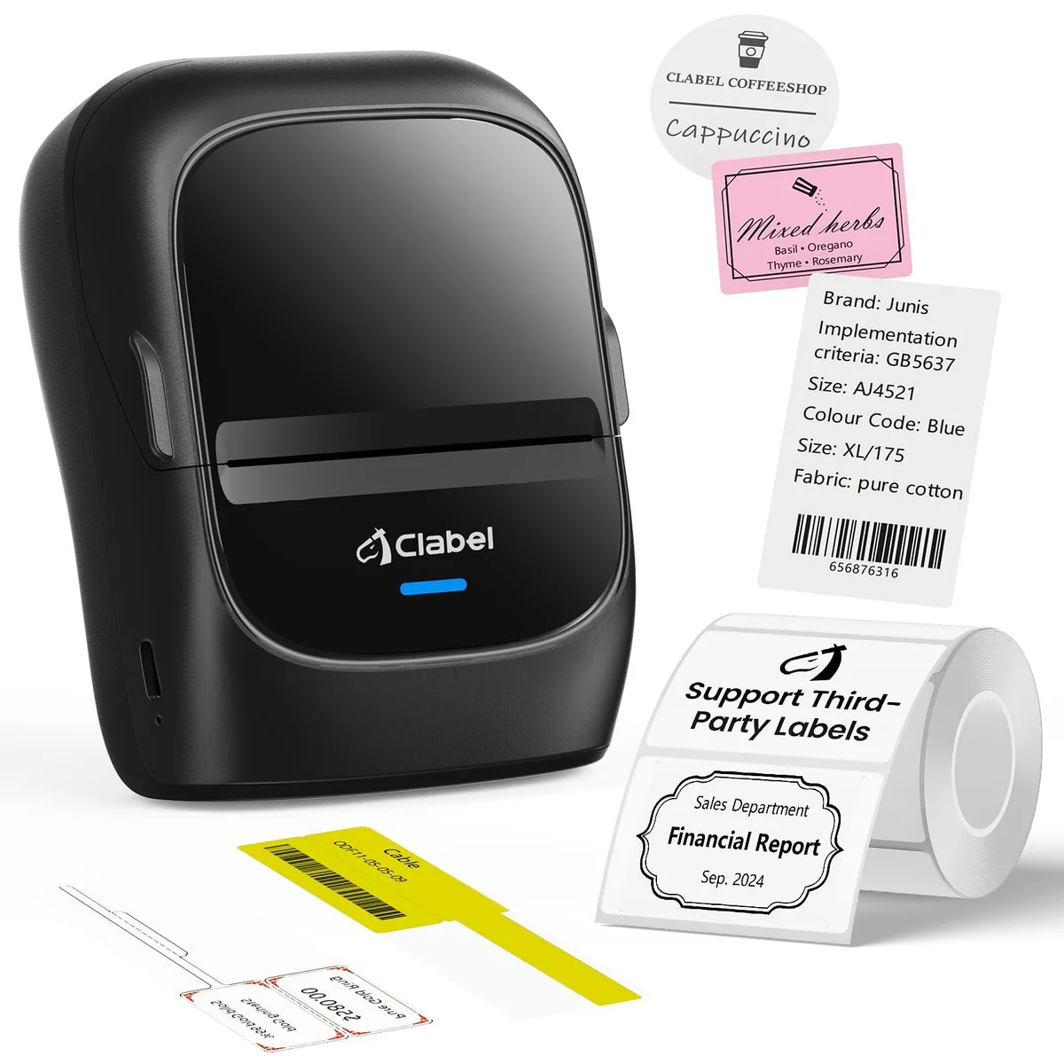 Black rectangular thermal label printer with blue accents, compact 2-inch print width, USB and Bluetooth connectivity