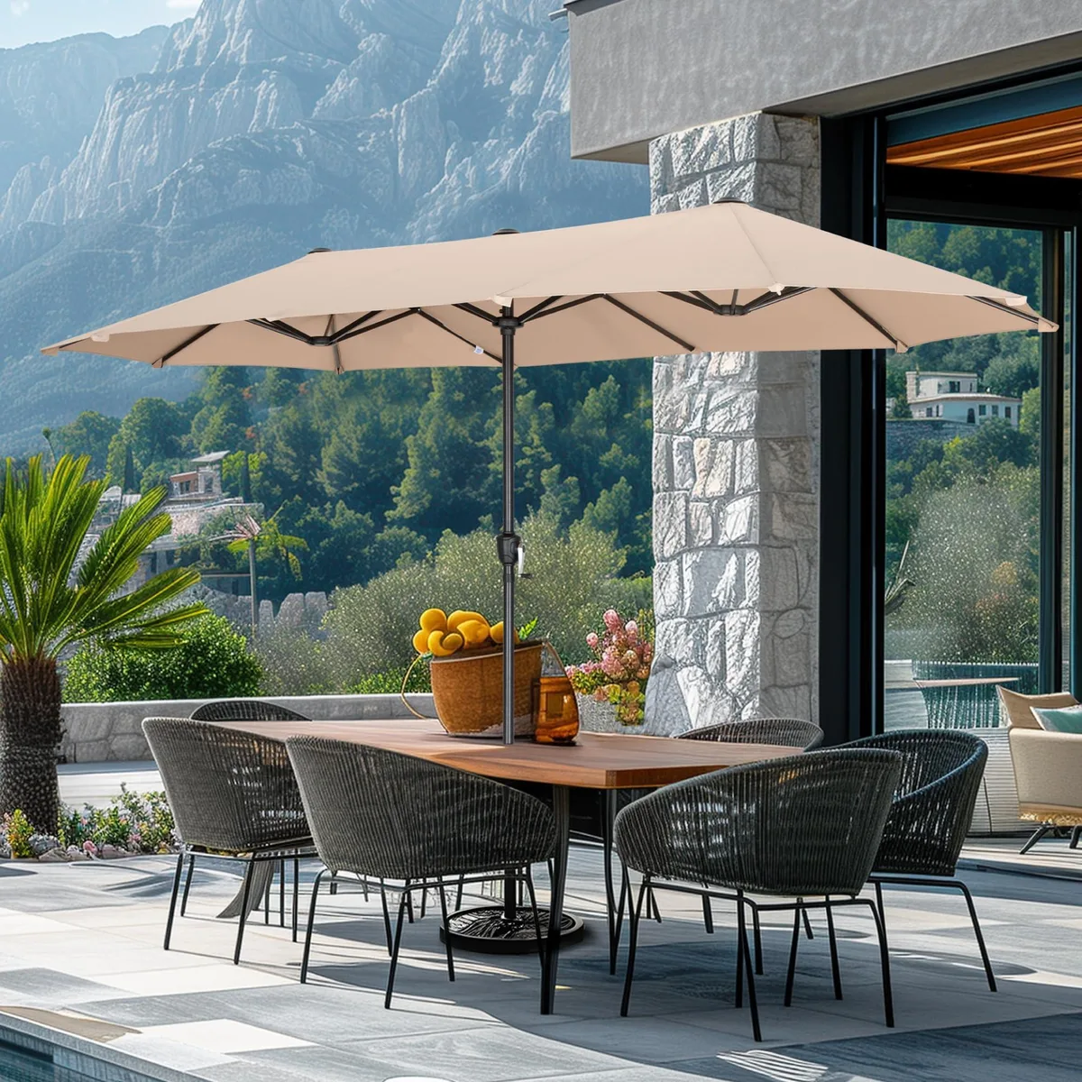 Large beige rectangular patio umbrella with 12 ribs and 1.5 inch steel pole