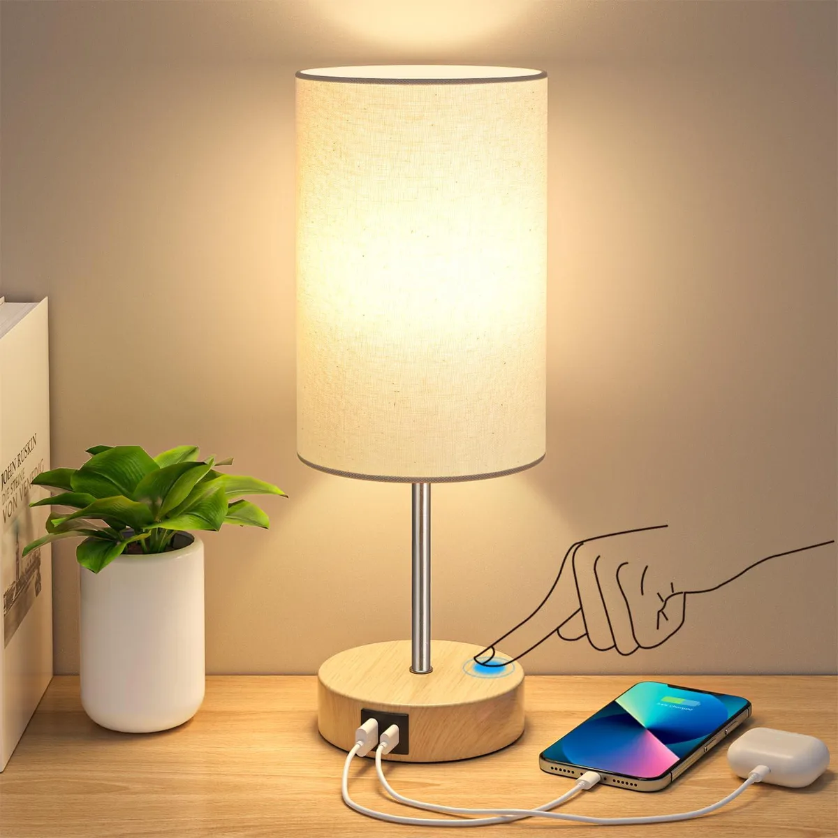 Matte-finish round table lamp, 14.25 inches tall, fabric shade, dual USB ports