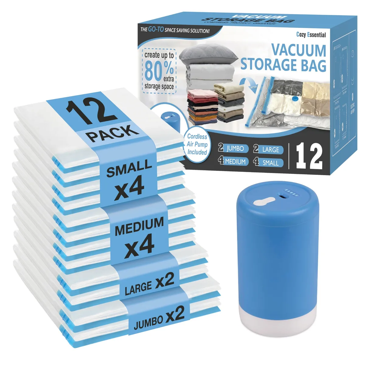 Transparent vacuum storage bags and a compact USB pump on a flat surface