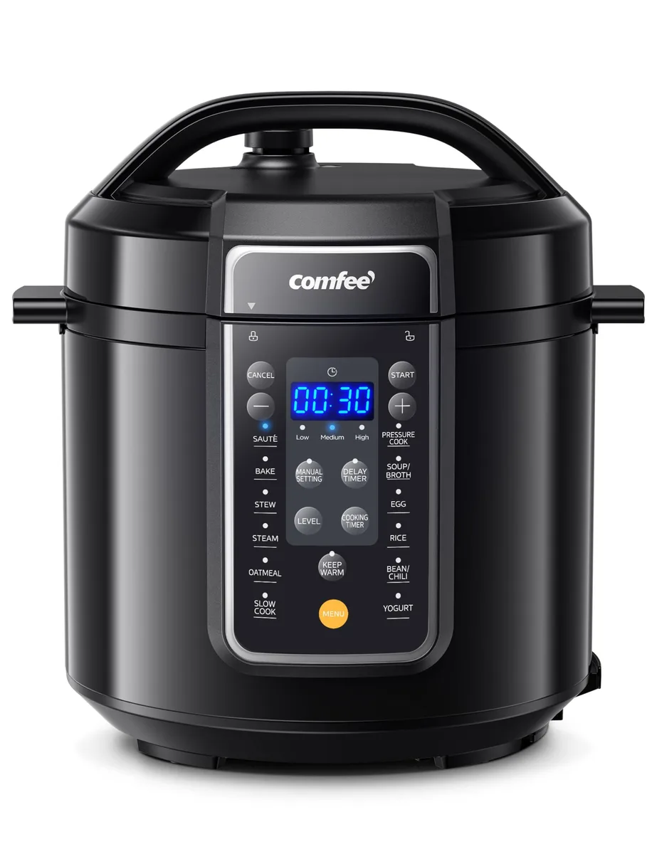 Metallic electric pressure cooker with digital touch controls
