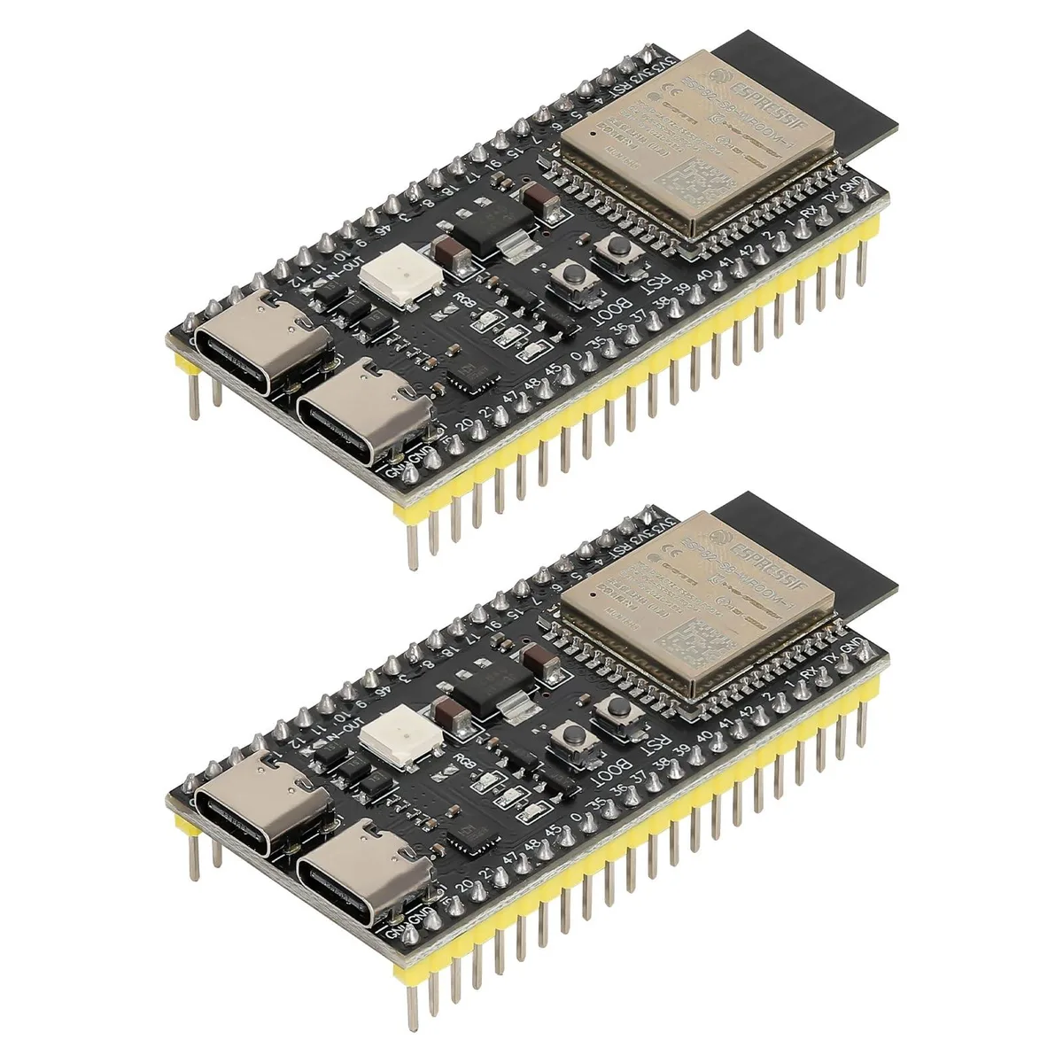 Two small green circuit boards with dual USB-C connectors and metal shields