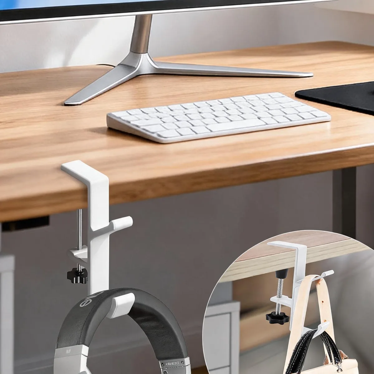 White double-hook desk clamp with adjustable screw and rubber pads