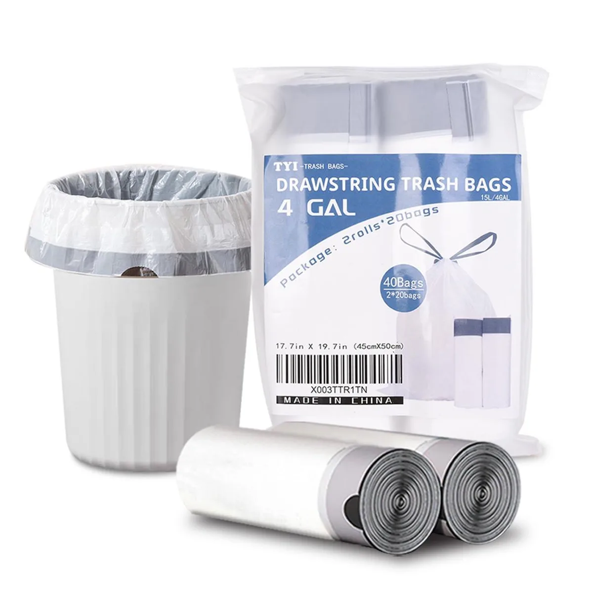 White drawstring trash bags on a roll, 4 gallon capacity, 40 count pack