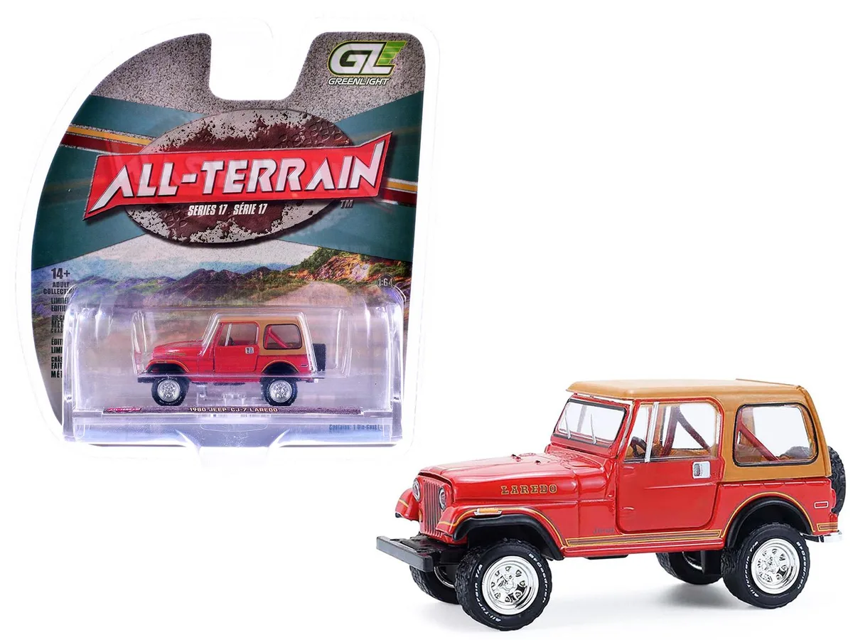 GREENLIGHT GREENLIGHT 1980 Jeep CJ-7 Laredo Red Tan Top "All Terrain" Series 17 1/64 Diecast Hobby Collectible — product photo