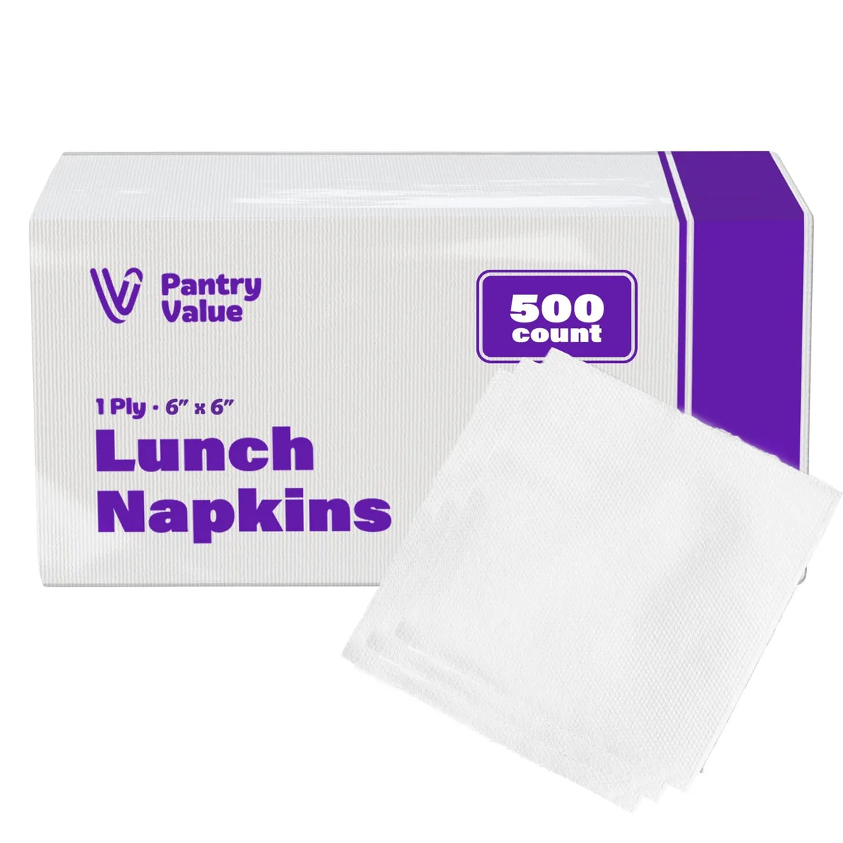 Stack of white paper napkins folded to 6x6 inch squares, 500 count pack