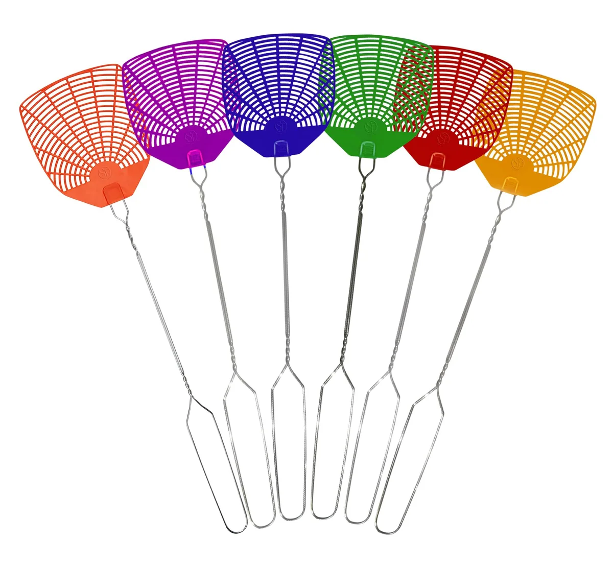 Six plastic fly swatters with braided metal handles in assorted bright colours