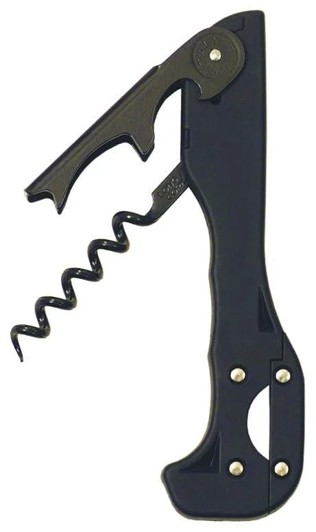 Black boomerang two-step corkscrew with soft-touch handle and foil cutter