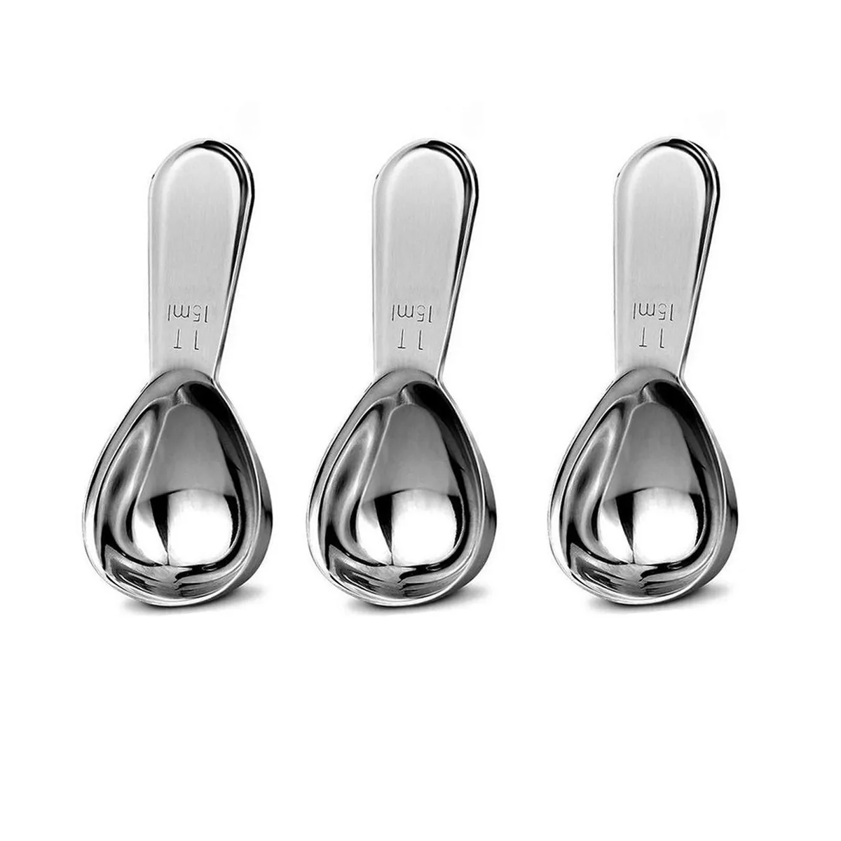 Three stainless steel coffee scoops with short handles, mirror-polished silver finish, 15ml capacity each