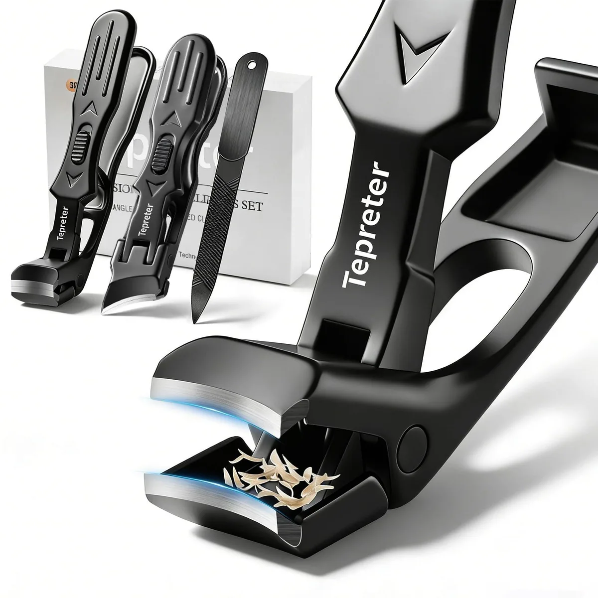 Three-piece nail clipper set with angled and slanted heads in blue finish