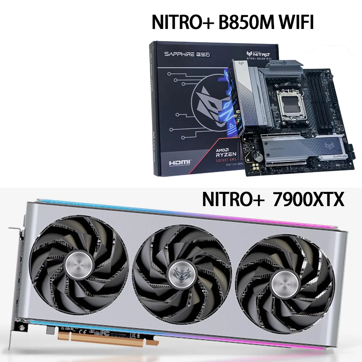 Sapphire Tech Sapphire Tech Radeon RX 7900 XTX NITRO+ 24GB graphics card and B850M WIFI motherboard combo — product photo