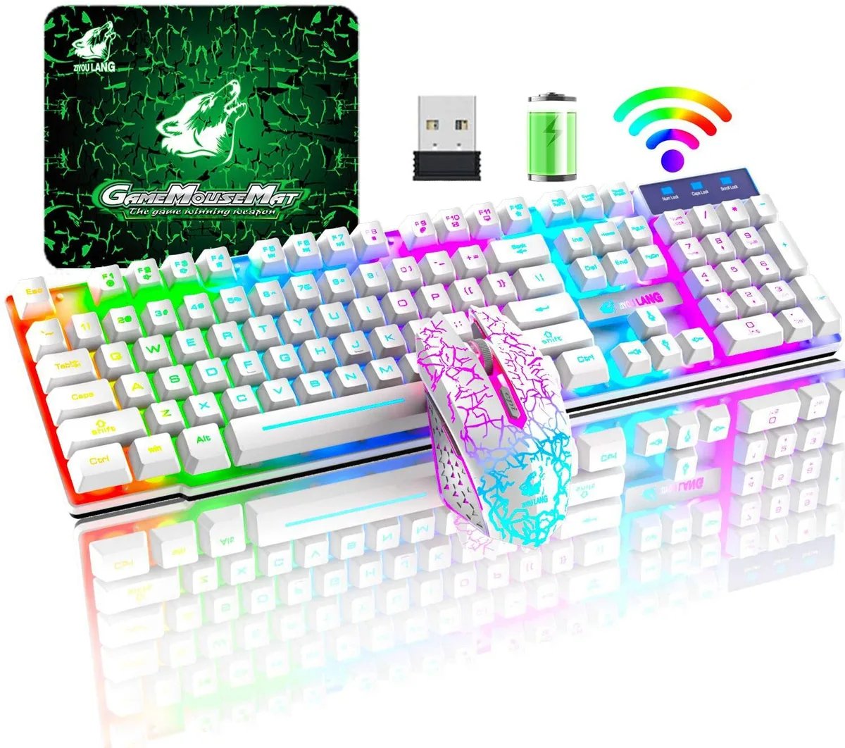 Keku Technology Keku Technology Wireless Gaming Keyboard &amp; Mouse White 2.4G 104 Keys 2400 DPI — product photo
