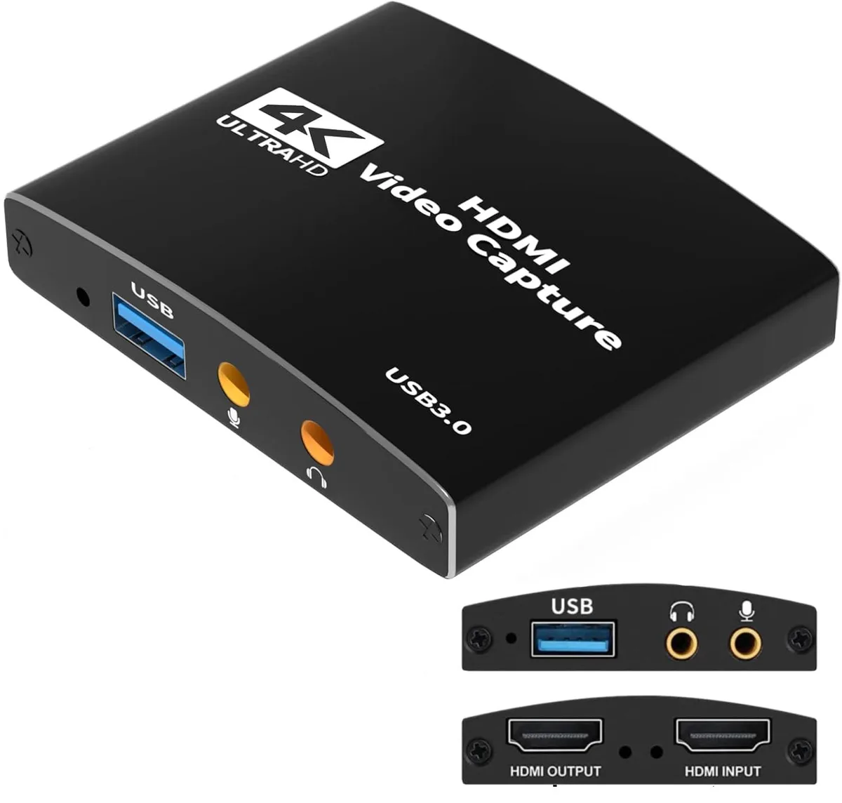 Black rectangular USB 3.0 capture card with HDMI in and out ports