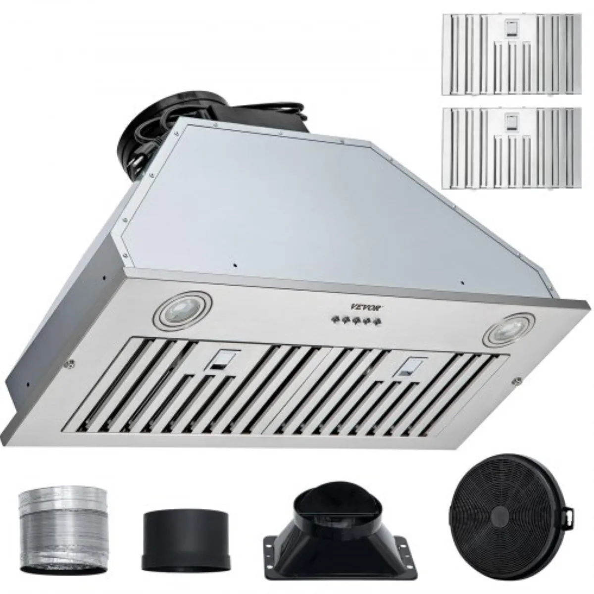 Stainless steel built-in range hood insert, 30 inch width, push-button controls, LED lights visible