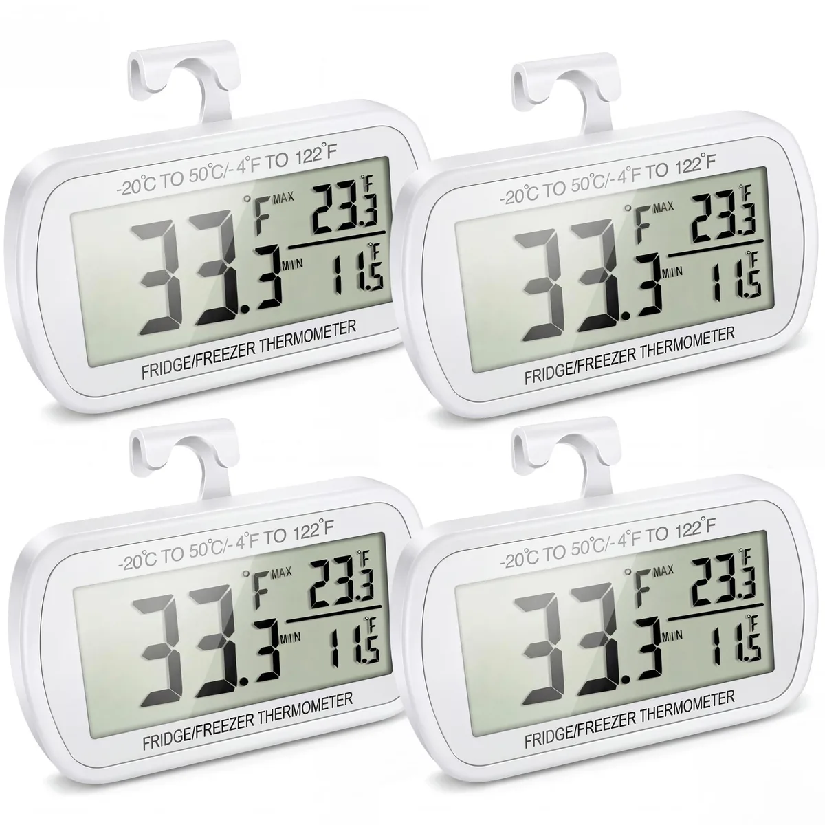 Four white digital fridge thermometers with 2.56 inch LCD screens and magnetic backs